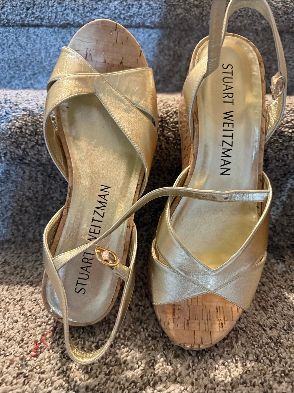 Stuart Weitzman Metallic Gold Cork Platform Wedge Sandals - Picture 2 of 5
